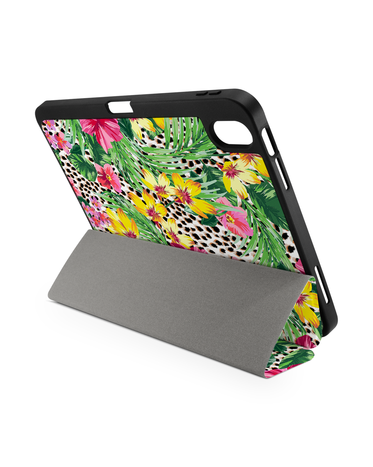 Tropical Cheetah iPad Hülle mit Stifthalter für Apple iPad (10. Generation): Aufgestellt im Querformat von hinten