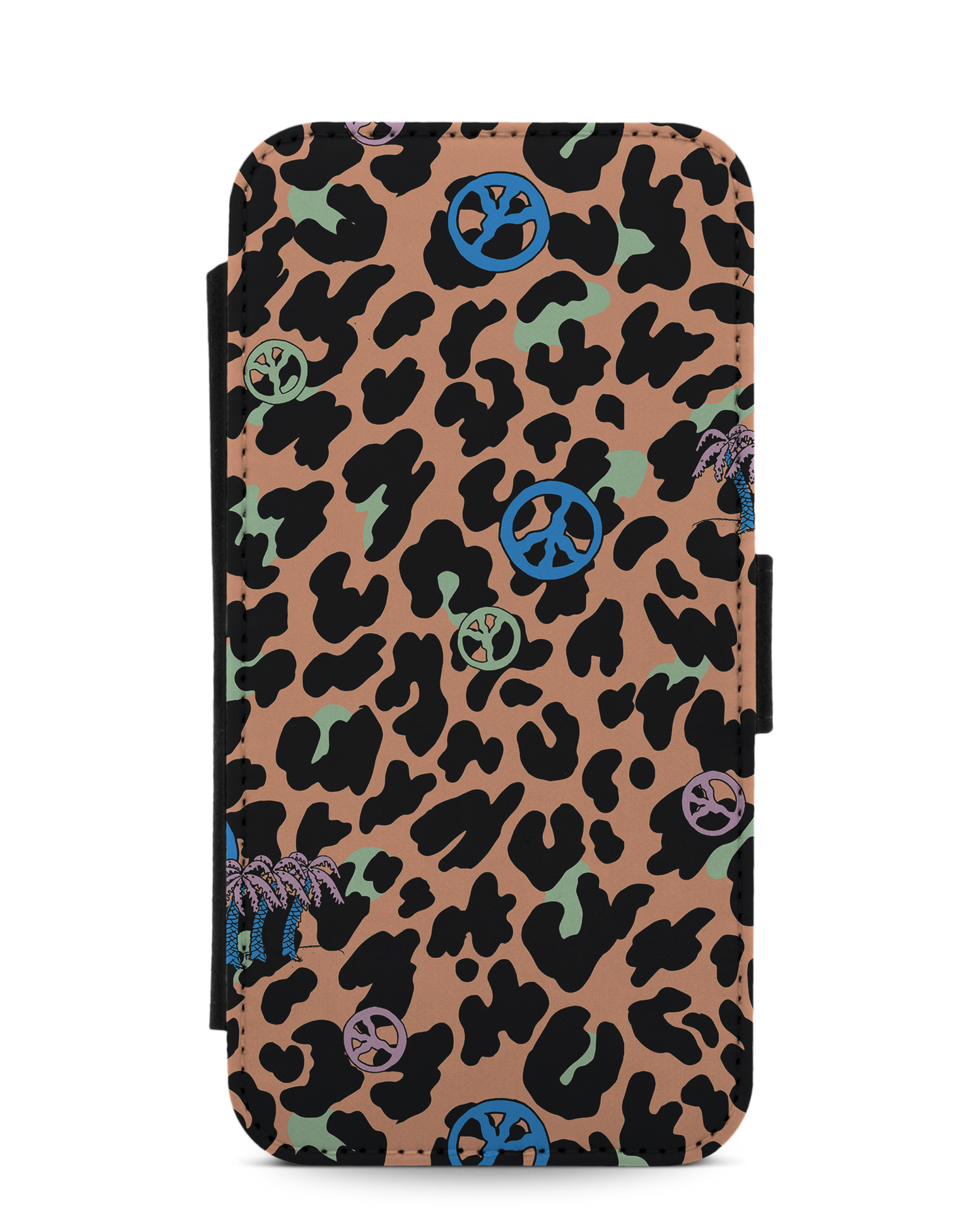 Leopard Peace Palms Handy Klapphülle Apple iPhone 12, Apple iPhone 12 Pro: Vorderansicht