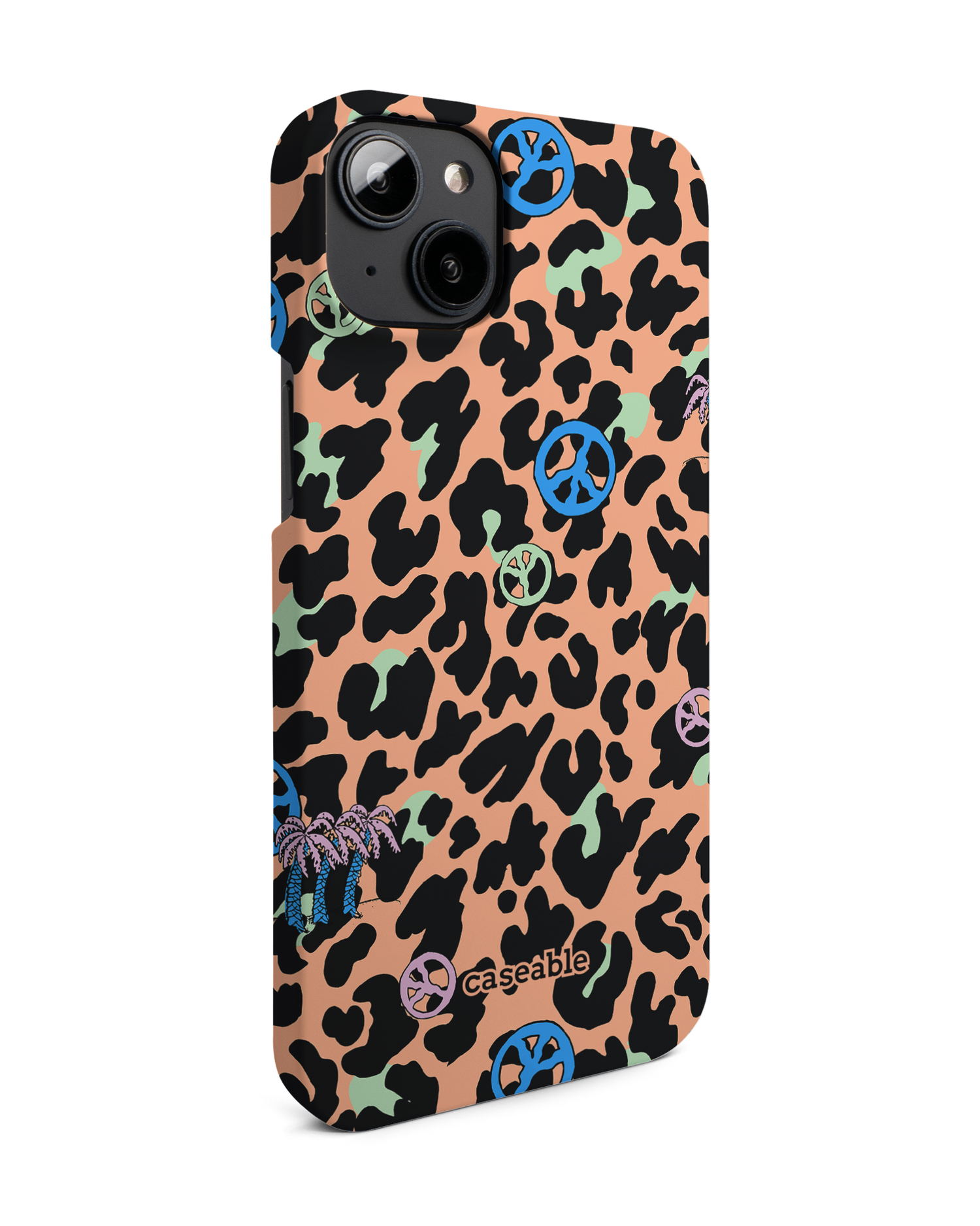 Leopard Peace Palms Hardcase Handyhülle für Apple iPhone 14 Plus: Seitenansicht links
