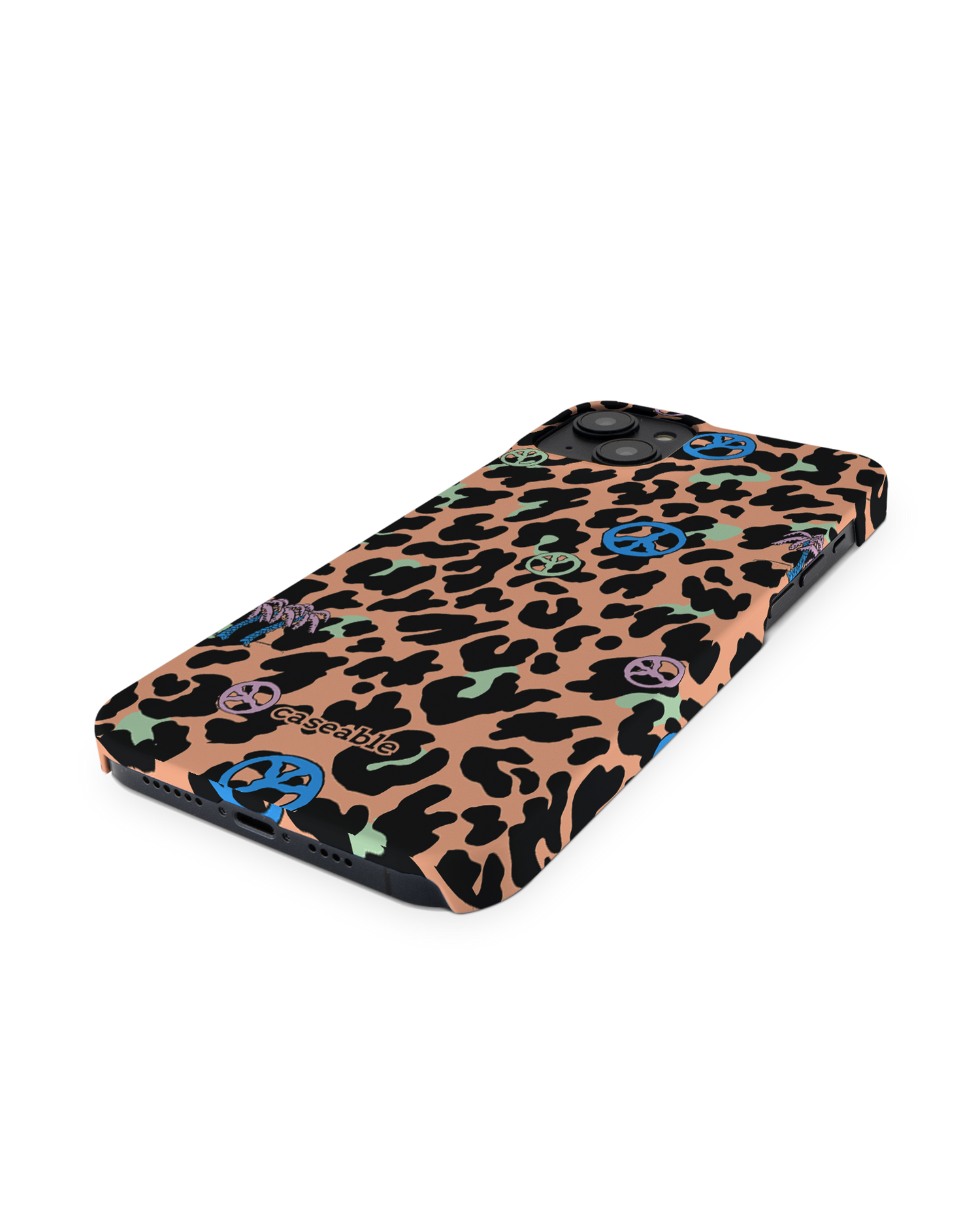 Leopard Peace Palms Hardcase Handyhülle für Apple iPhone 14 Plus: Perspektivansicht