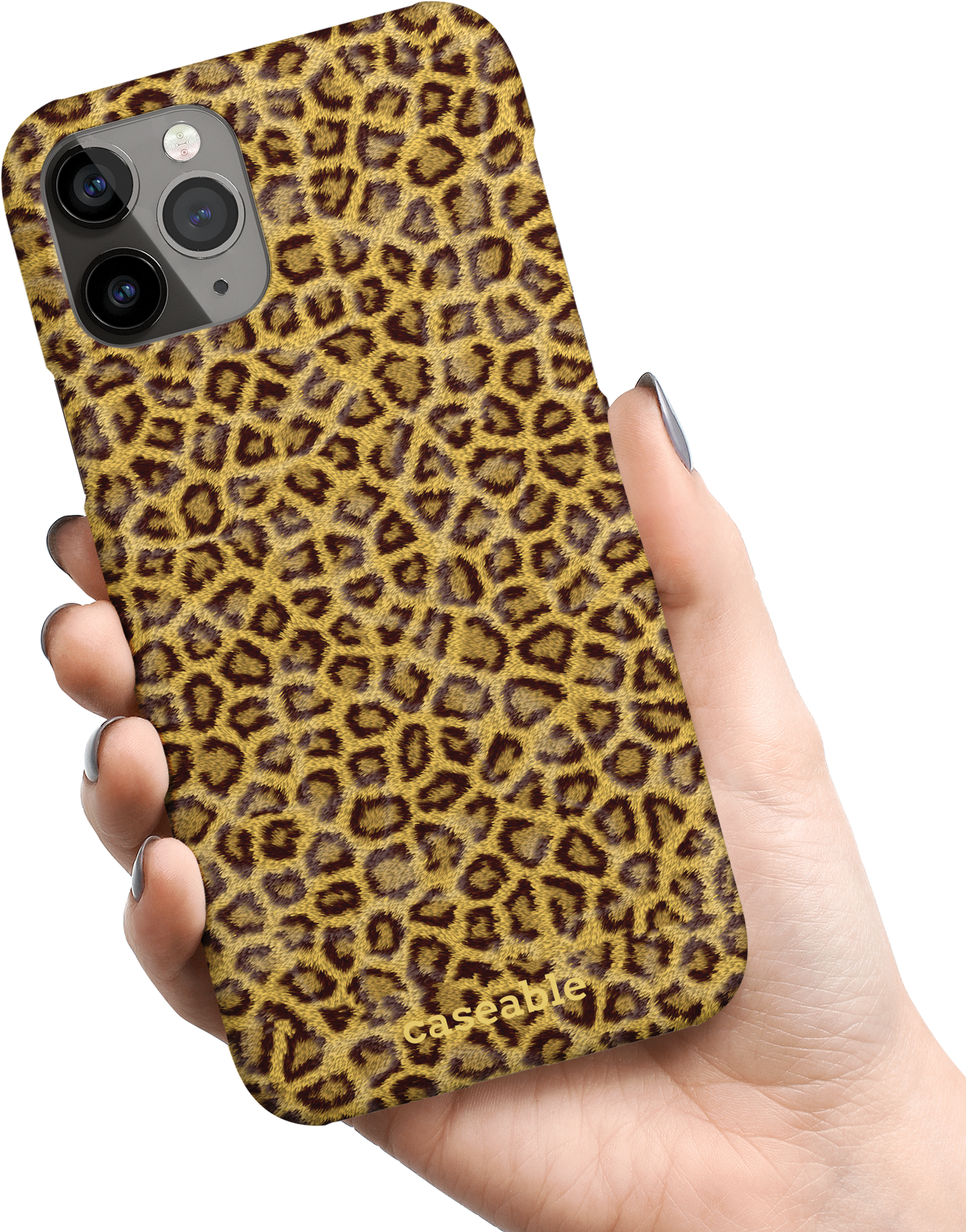 Leopard Skin Hardcase Handyhülle Apple iPhone 11 Pro in der Hand gehalten