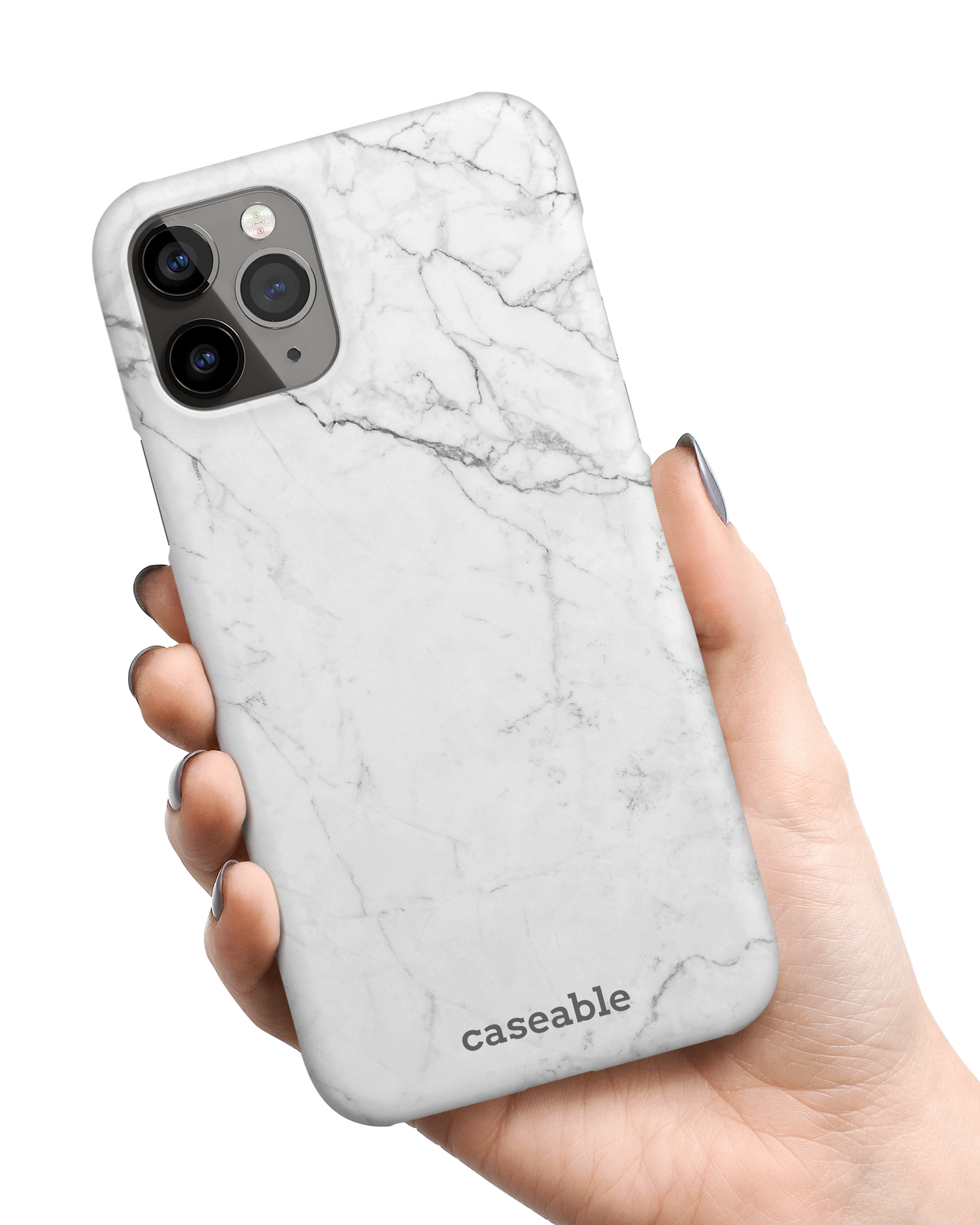 White Marble Hardcase Handyhülle Apple iPhone 11 Pro in der Hand gehalten