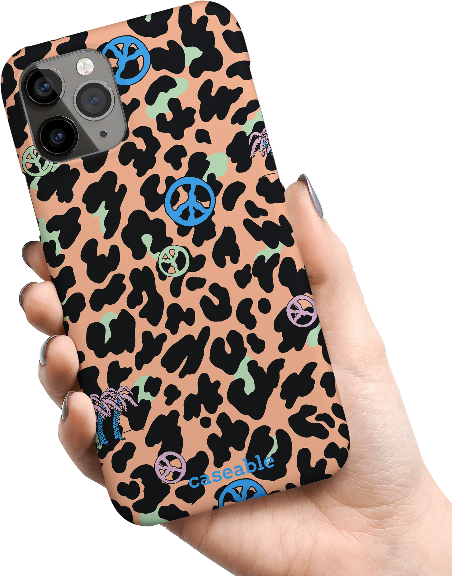 Leopard Peace Palms Hardcase Handyhülle Apple iPhone 11 Pro in der Hand gehalten