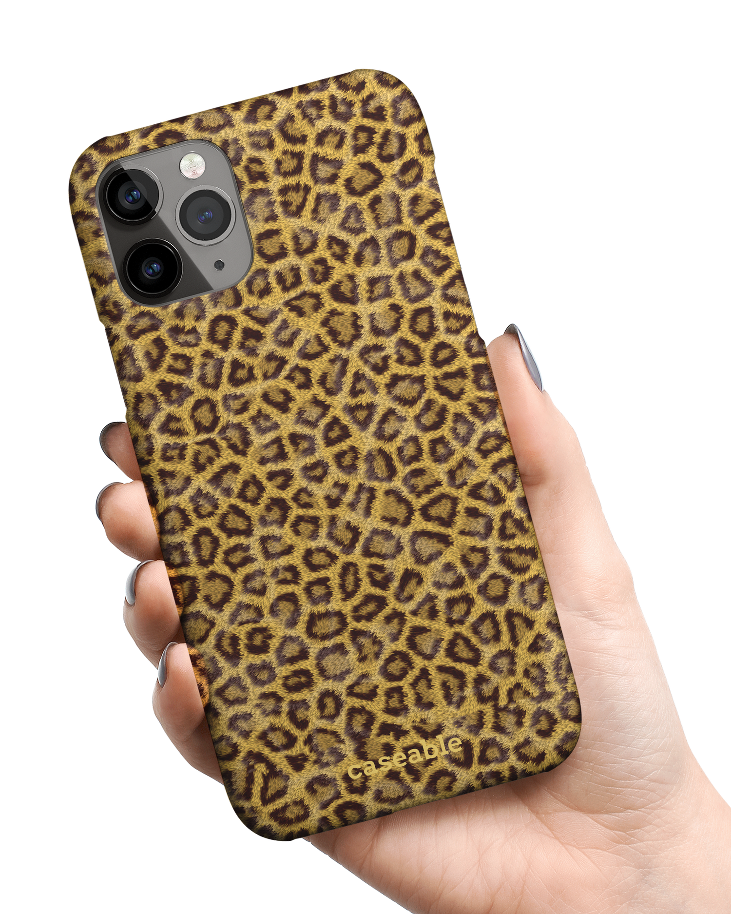 Leopard Skin Hardcase Handyhülle Apple iPhone 11 Pro Max in der Hand gehalten