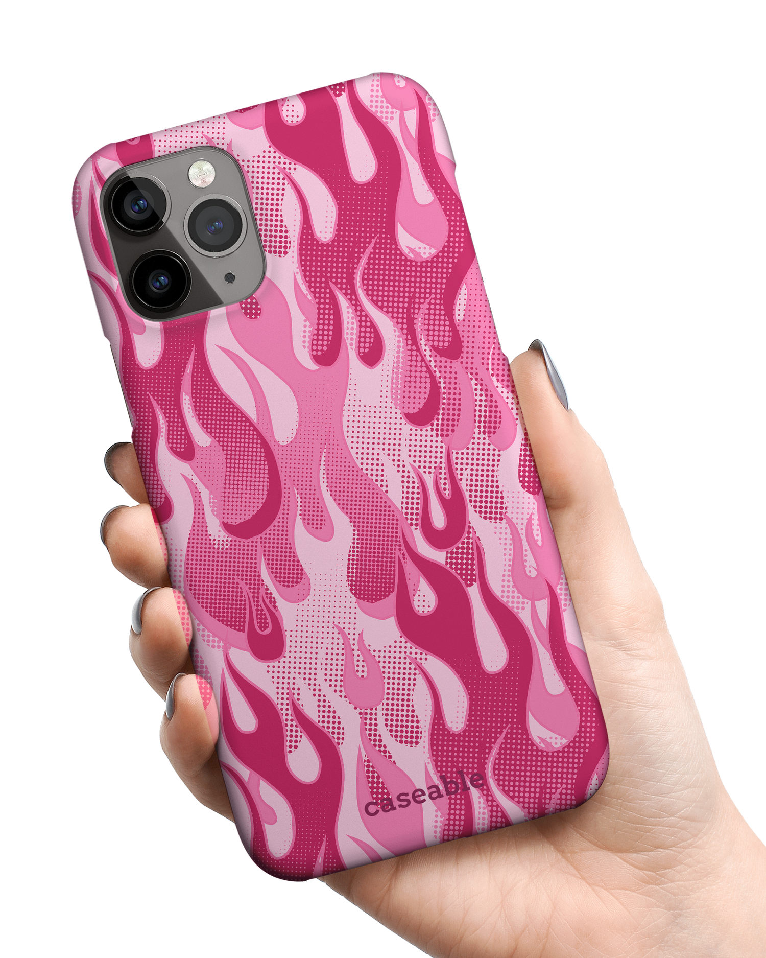 Pink Flames Hardcase Handyhülle Apple iPhone 11 Pro Max in der Hand gehalten
