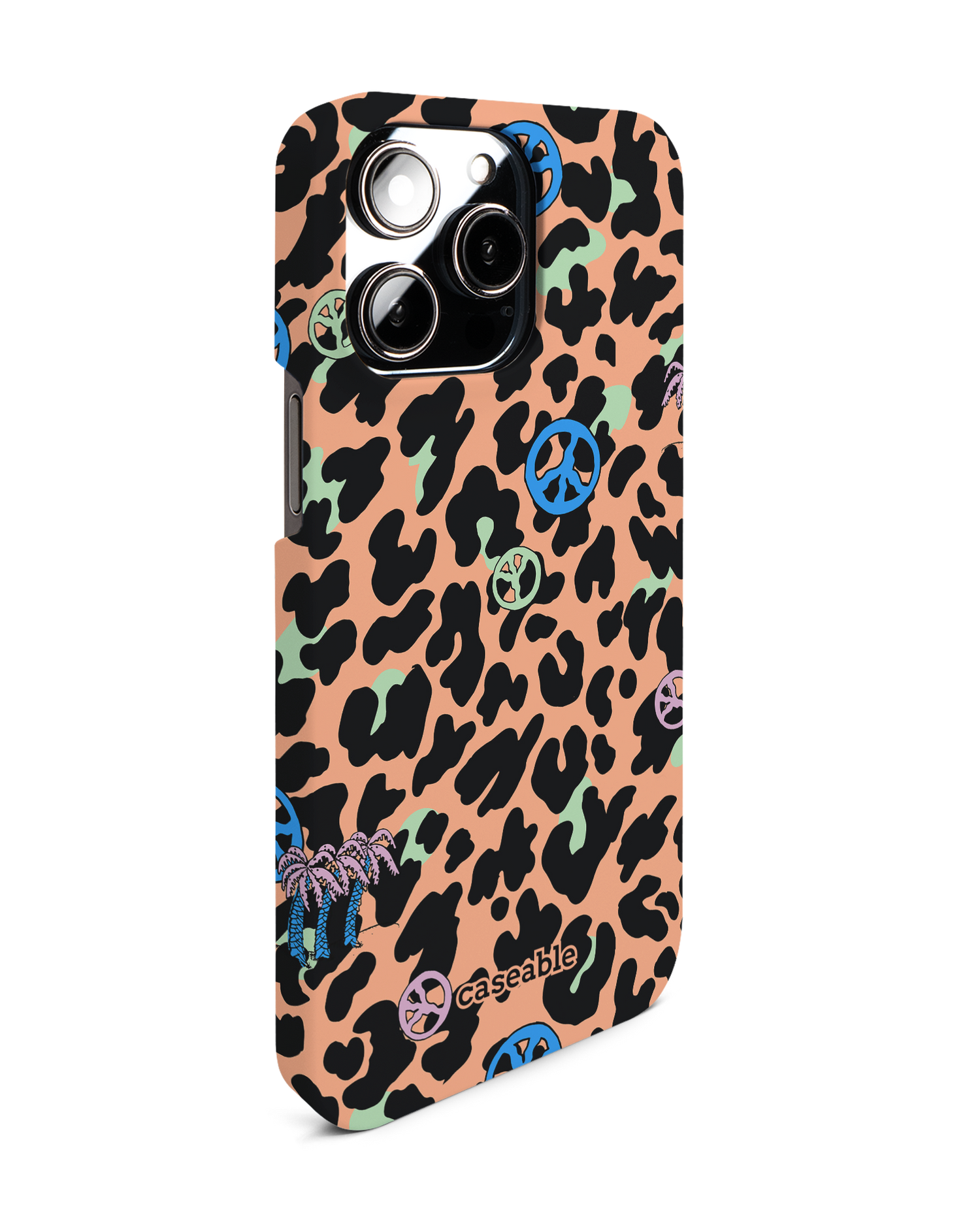 Leopard Peace Palms Hardcase Handyhülle für Apple iPhone 14 Pro Max: Seitenansicht links