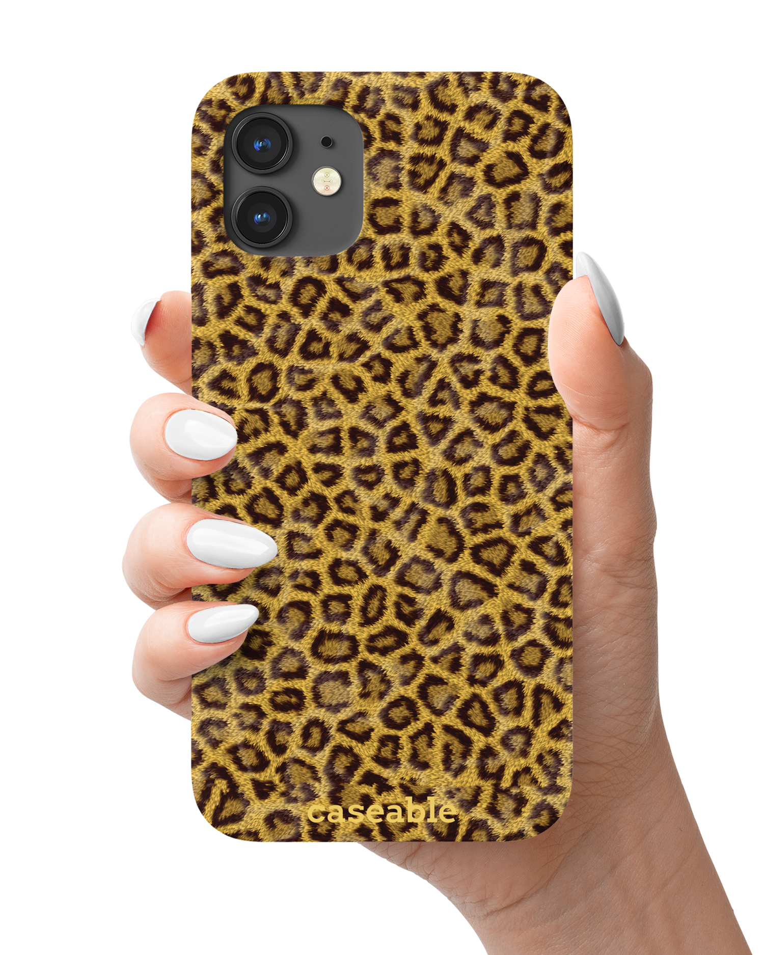 Leopard Skin Hardcase Handyhülle Apple iPhone 12 mini in der Hand gehalten