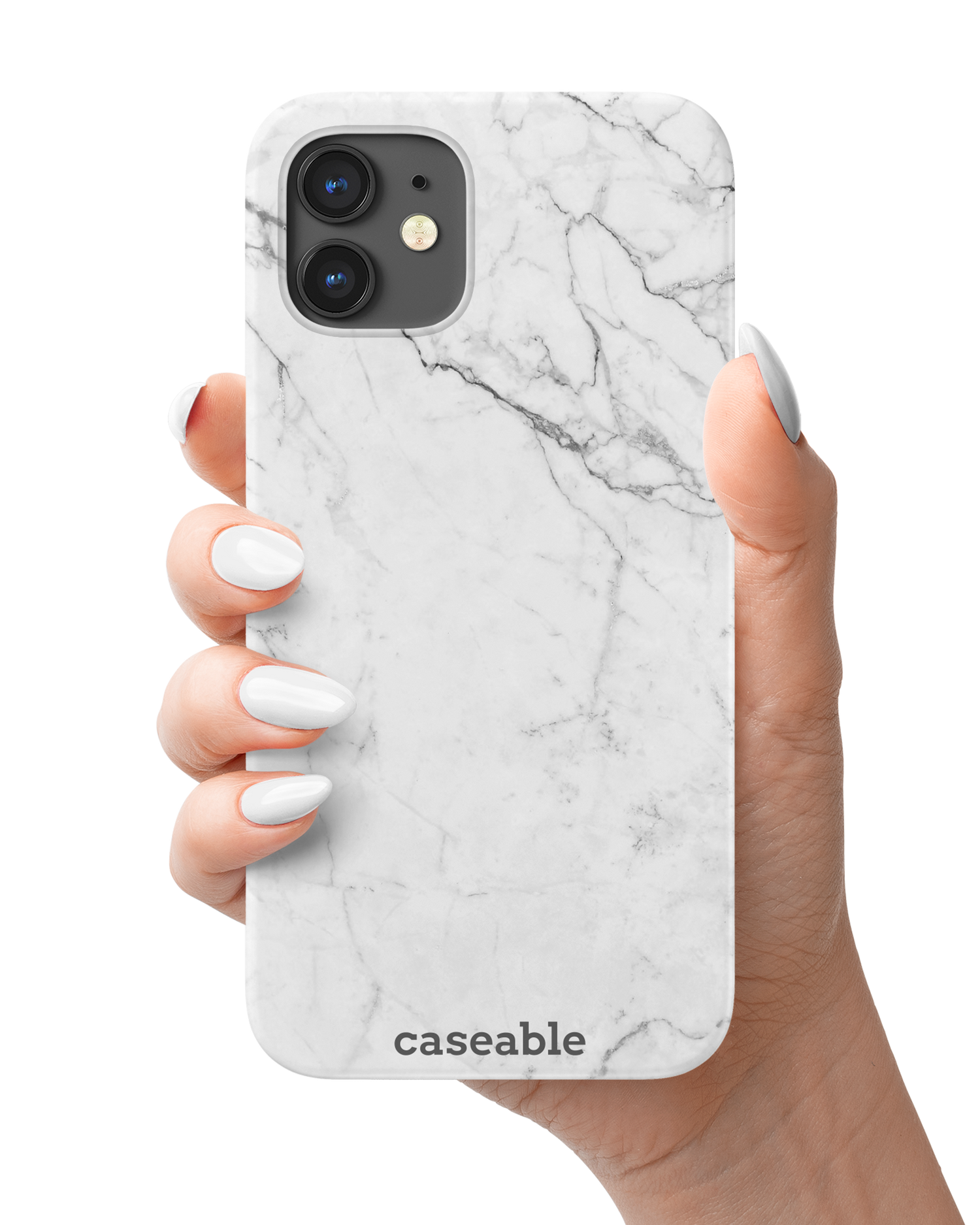 White Marble Hardcase Handyhülle Apple iPhone 12 mini in der Hand gehalten