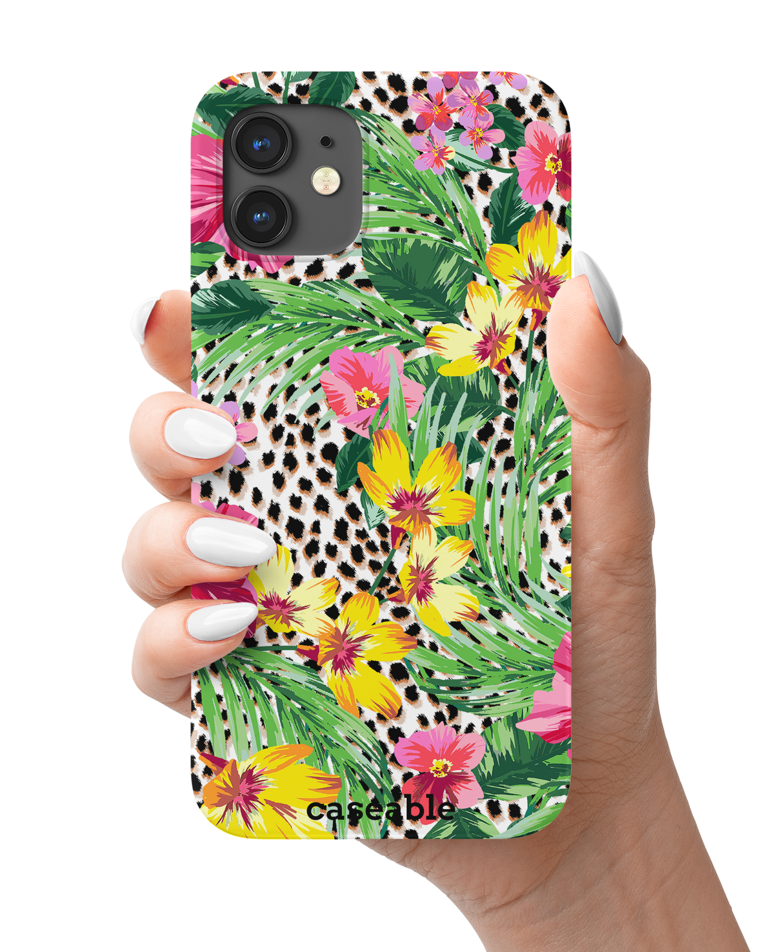 Tropical Cheetah Hardcase Handyhülle Apple iPhone 12 mini in der Hand gehalten