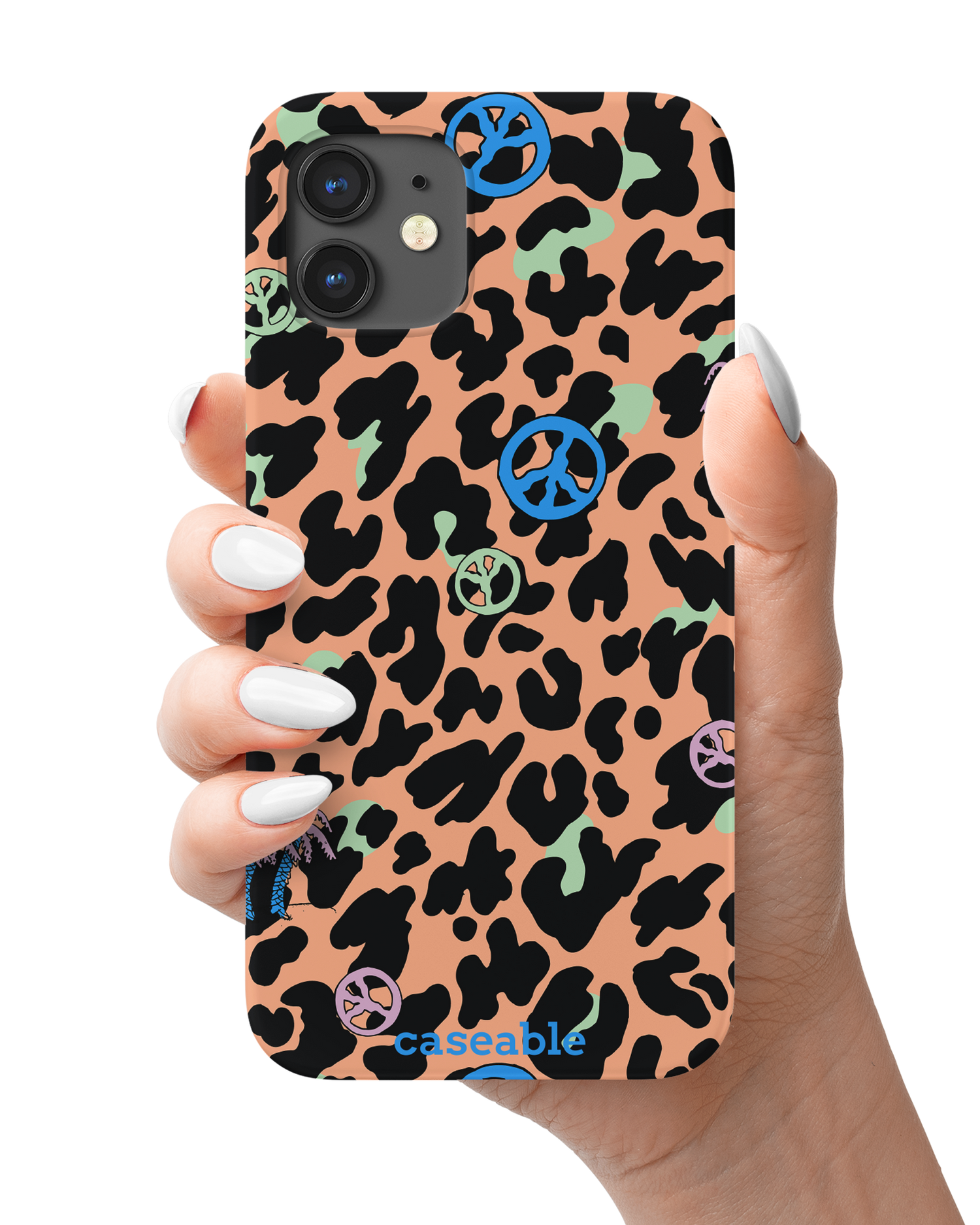 Leopard Peace Palms Hardcase Handyhülle Apple iPhone 12 mini in der Hand gehalten
