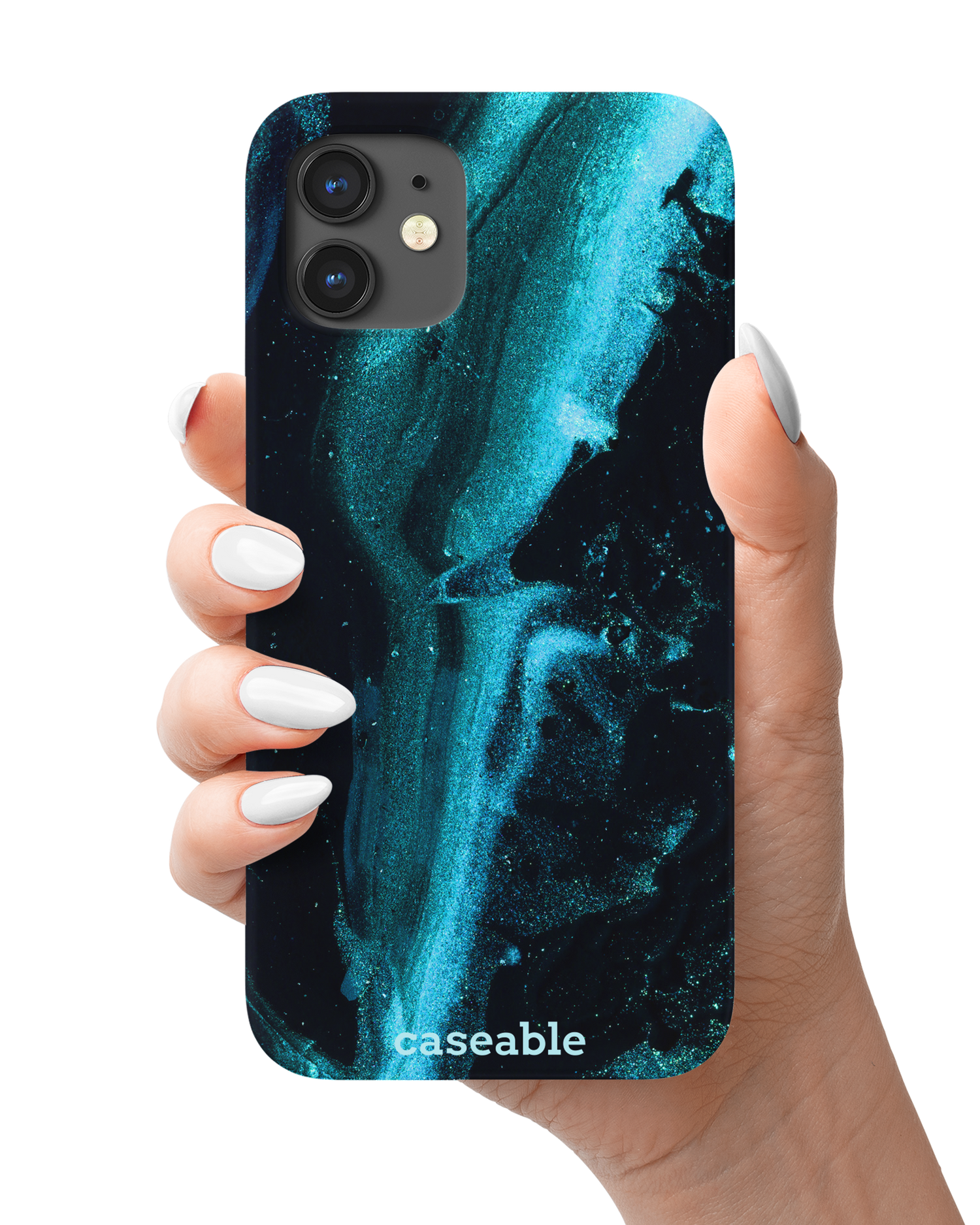 Deep Turquoise Sparkle Hardcase Handyhülle Apple iPhone 12 mini in der Hand gehalten