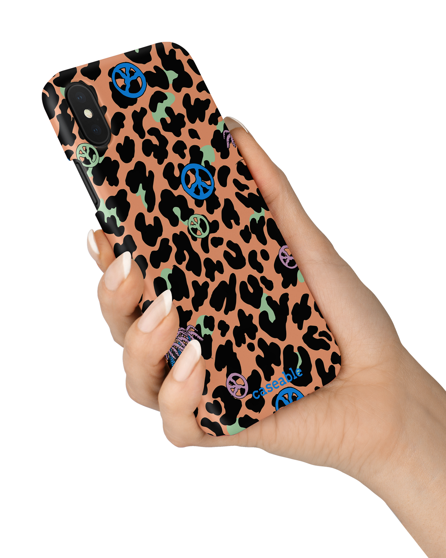 Leopard Peace Palms Hardcase Handyhülle Apple iPhone X, Apple iPhone XS in der Hand gehalten