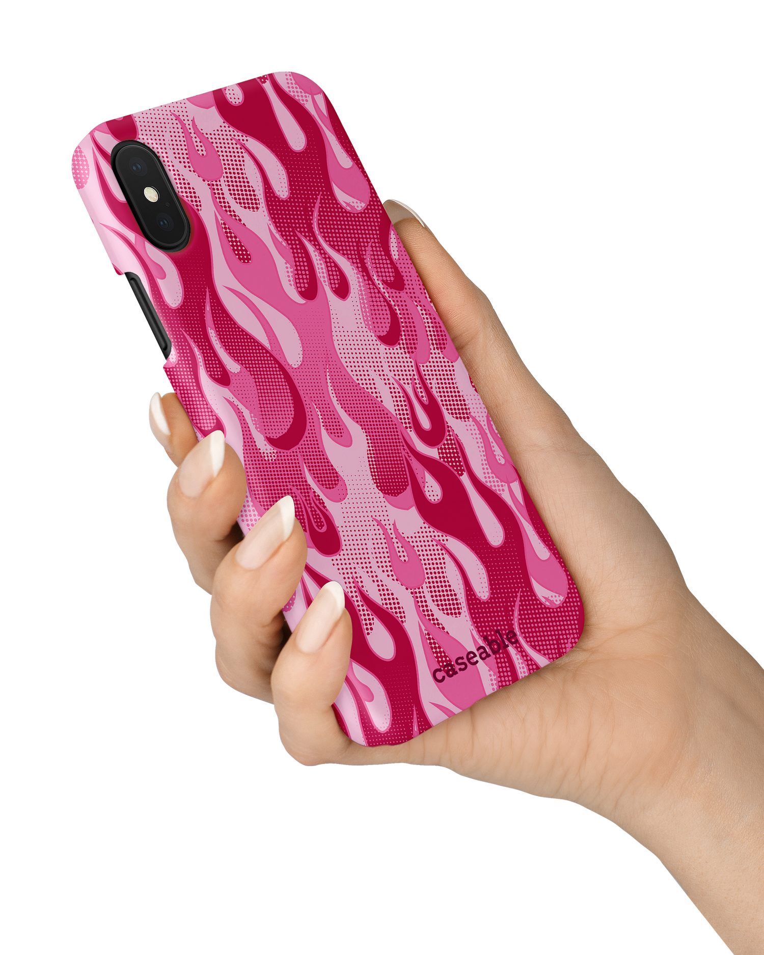 Pink Flames Hardcase Handyhülle Apple iPhone X, Apple iPhone XS in der Hand gehalten