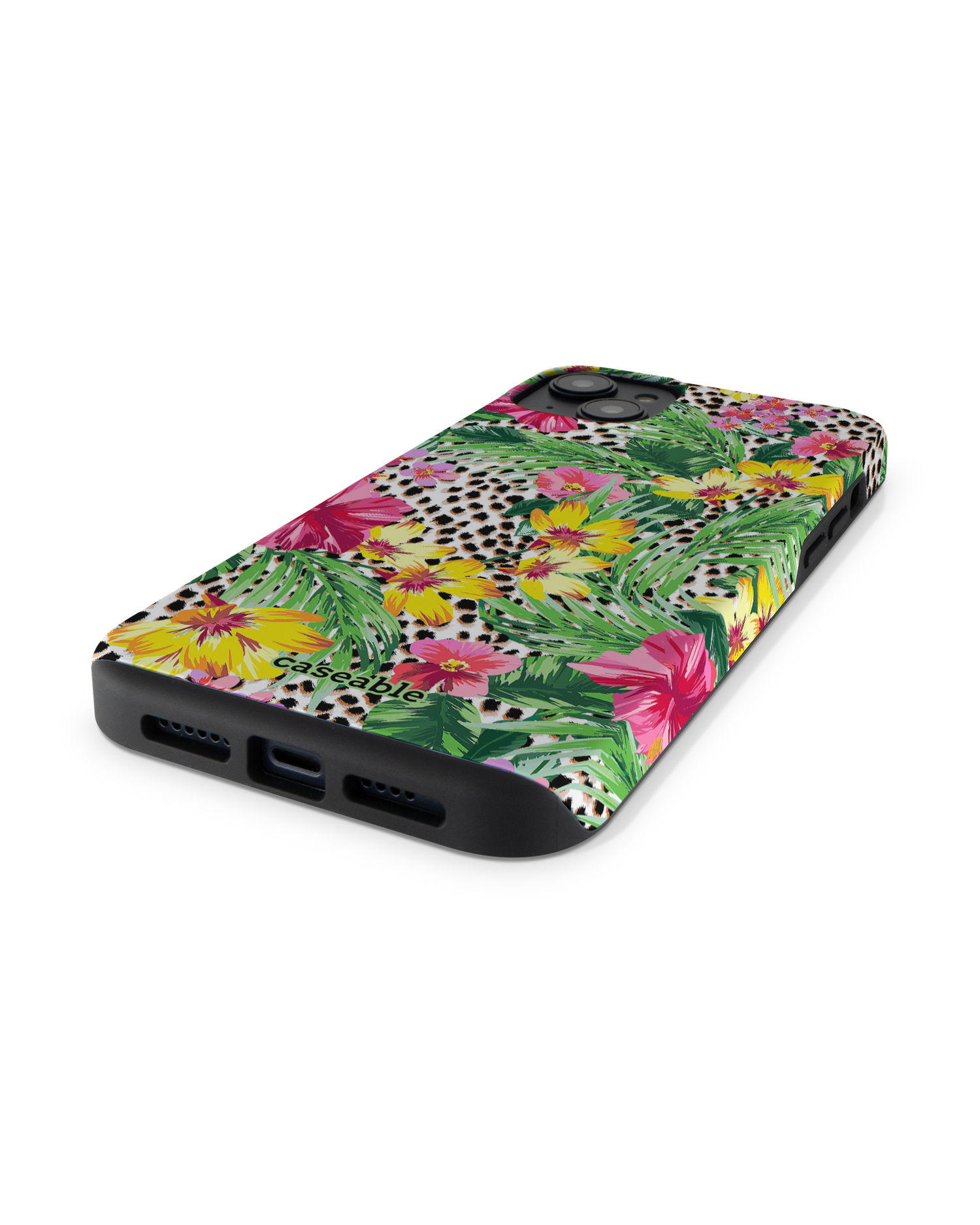 Tropical Cheetah Premium Handyhülle für Apple iPhone 14 Plus: Smartphone liegend