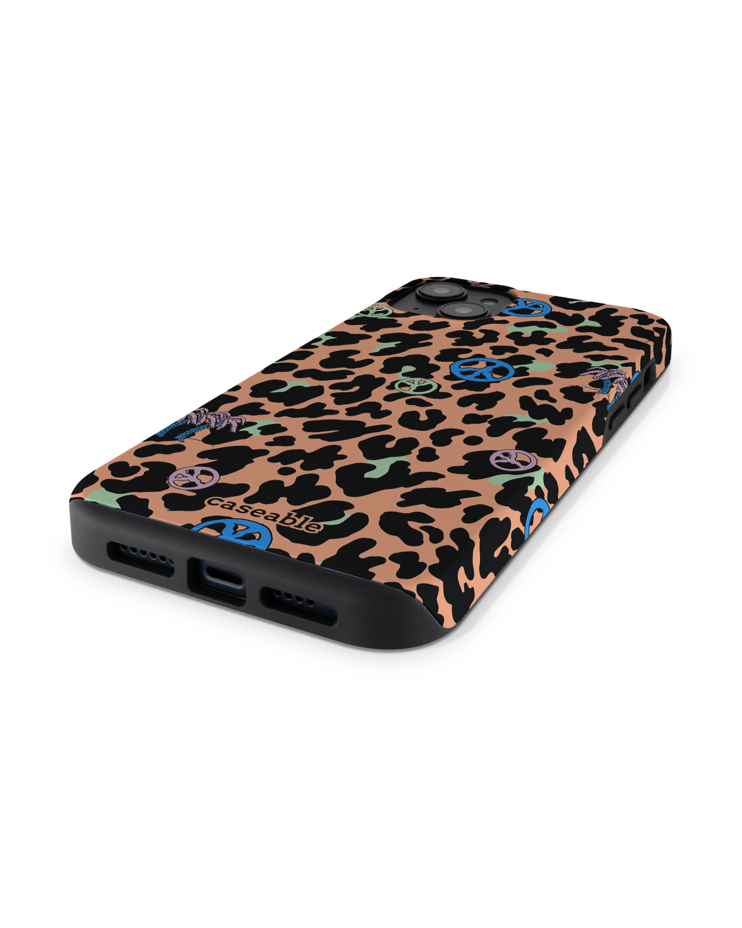 Leopard Peace Palms Premium Handyhülle für Apple iPhone 14 Plus: Smartphone liegend