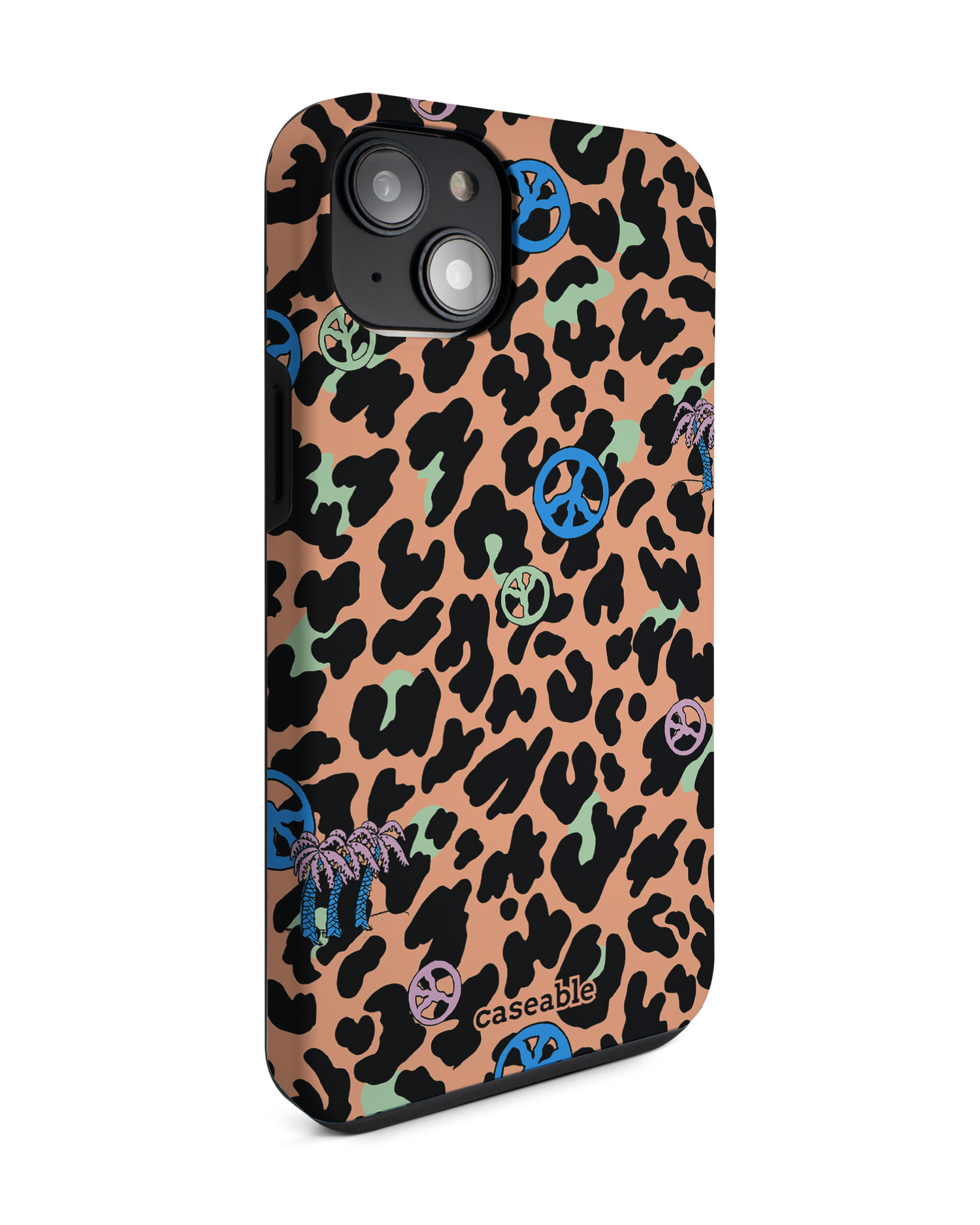Leopard Peace Palms Premium Handyhülle für Apple iPhone 14 Plus: Seitenansicht links