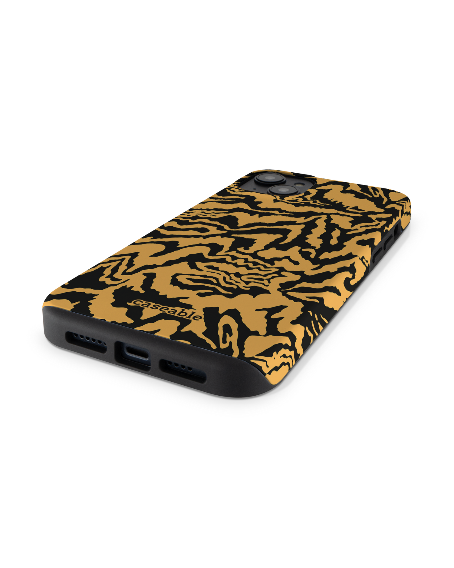 Warped Tiger Stripes Premium Handyhülle für Apple iPhone 14 Plus: Smartphone liegend