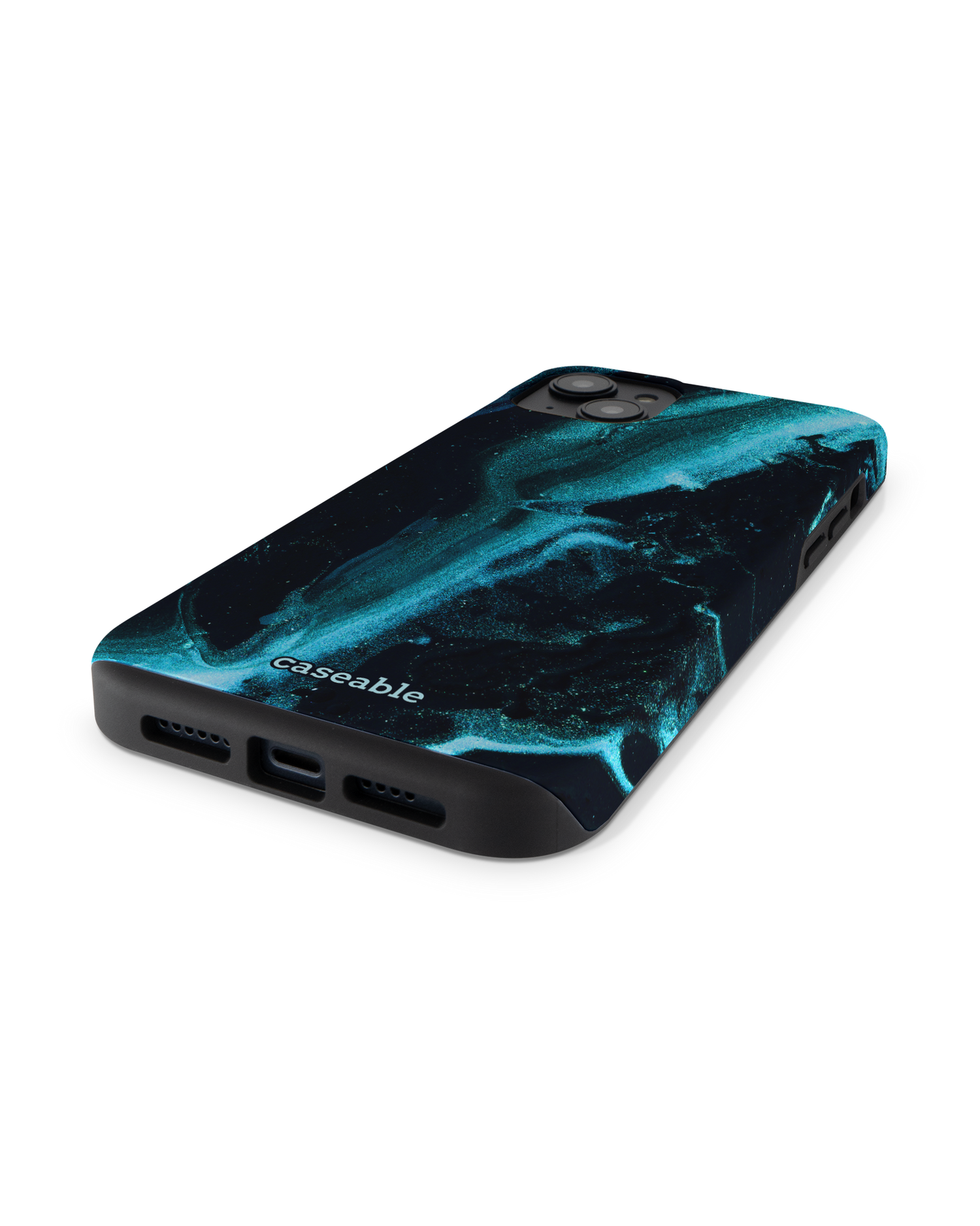 Deep Turquoise Sparkle Premium Handyhülle für Apple iPhone 14 Plus: Smartphone liegend