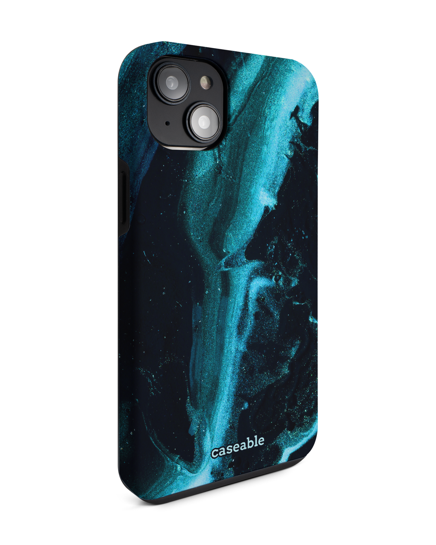 Deep Turquoise Sparkle Premium Handyhülle für Apple iPhone 14 Plus: Seitenansicht links