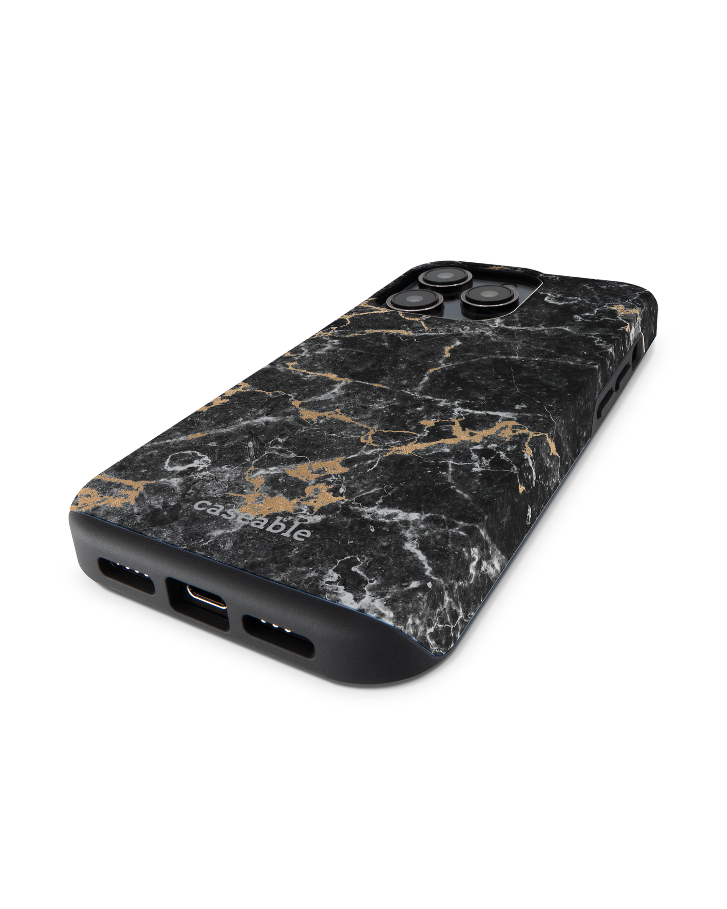 Marble and Gold Premium Handyhülle für Apple iPhone 14 Pro: Smartphone liegend