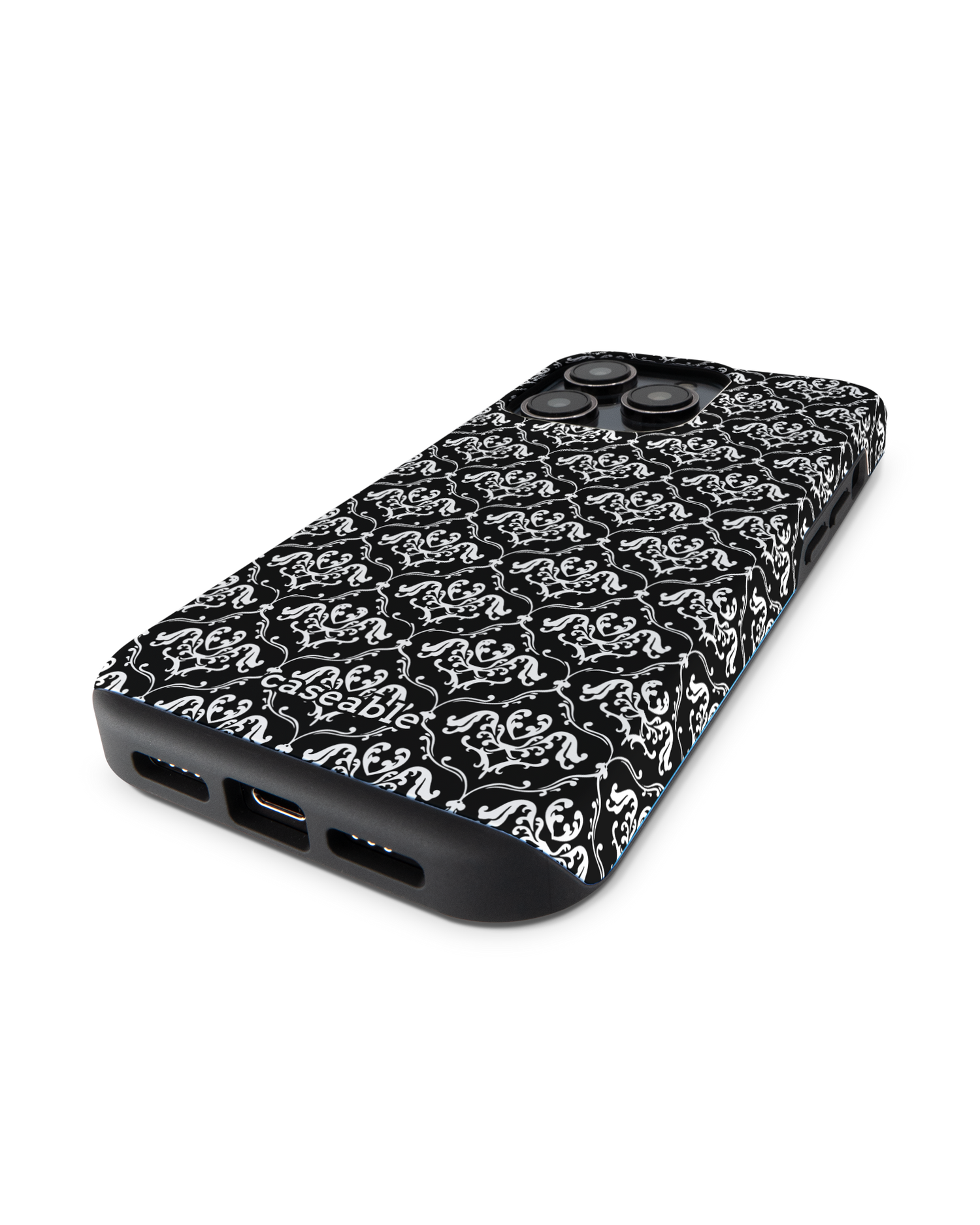Black French Lillies Premium Handyhülle für Apple iPhone 14 Pro: Smartphone liegend