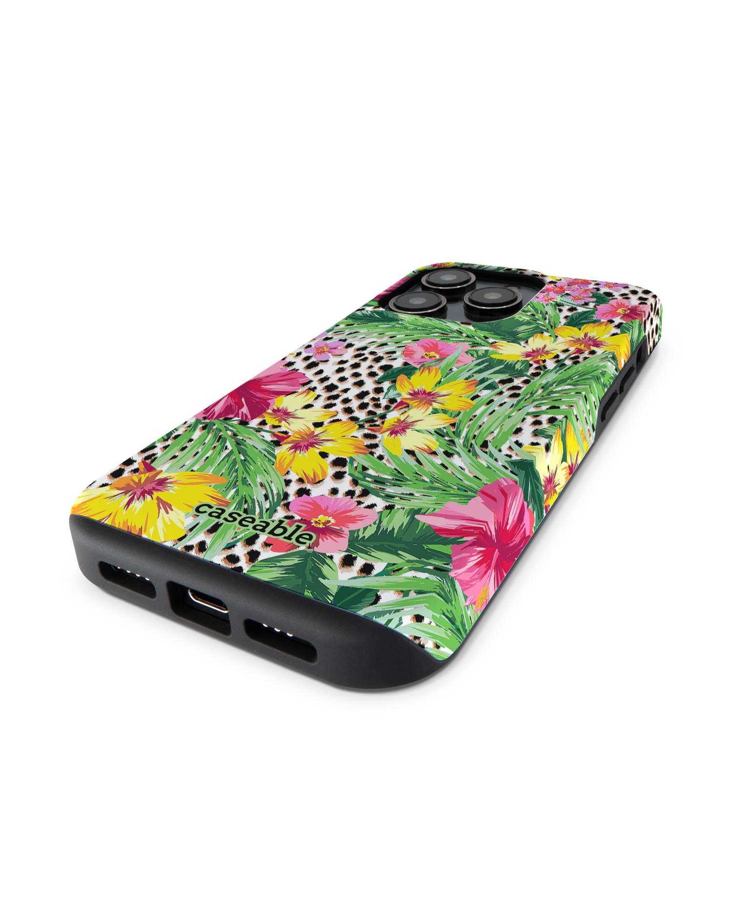 Tropical Cheetah Premium Handyhülle für Apple iPhone 14 Pro: Smartphone liegend