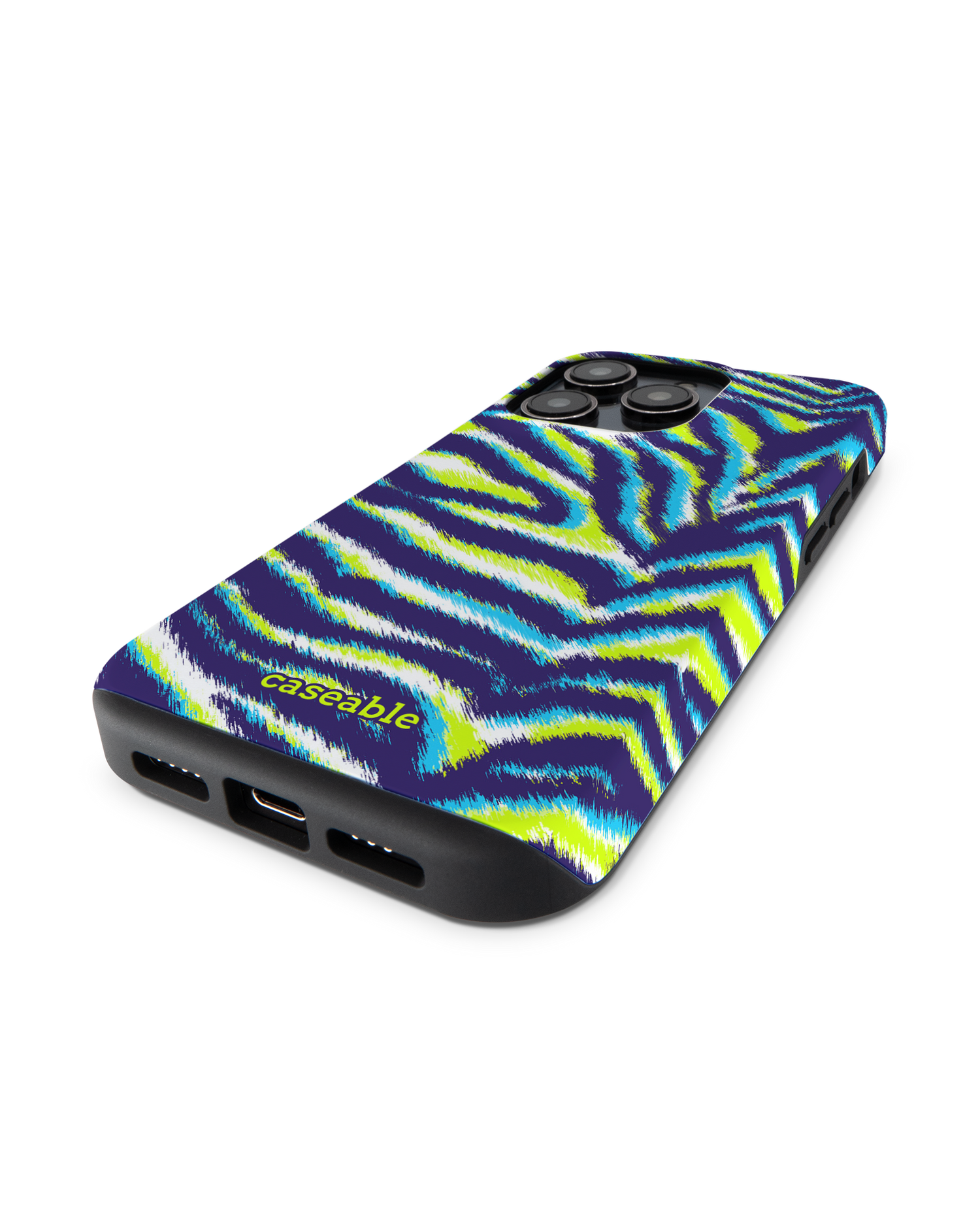 Neon Zebra Premium Handyhülle für Apple iPhone 14 Pro: Smartphone liegend