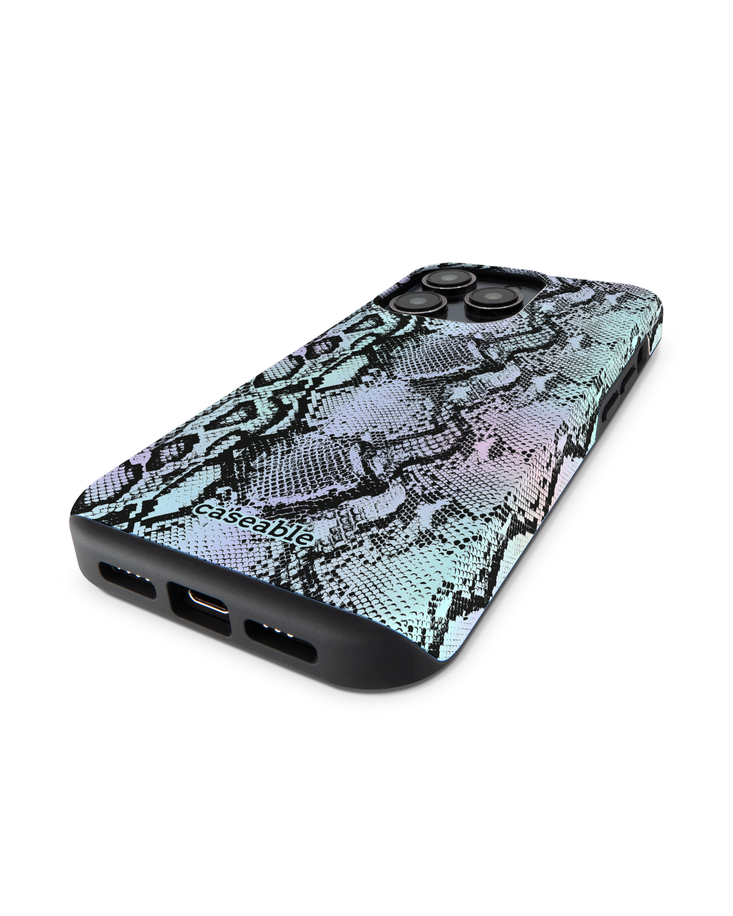 Groovy Snakeskin Premium Handyhülle für Apple iPhone 14 Pro: Smartphone liegend
