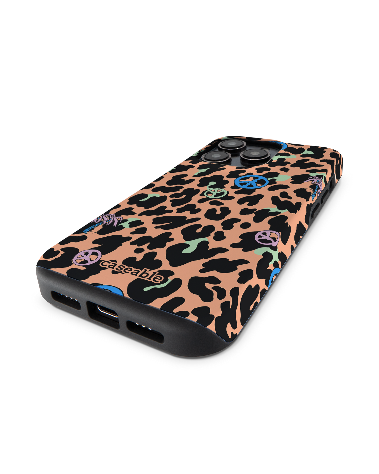 Leopard Peace Palms Premium Handyhülle für Apple iPhone 14 Pro: Smartphone liegend