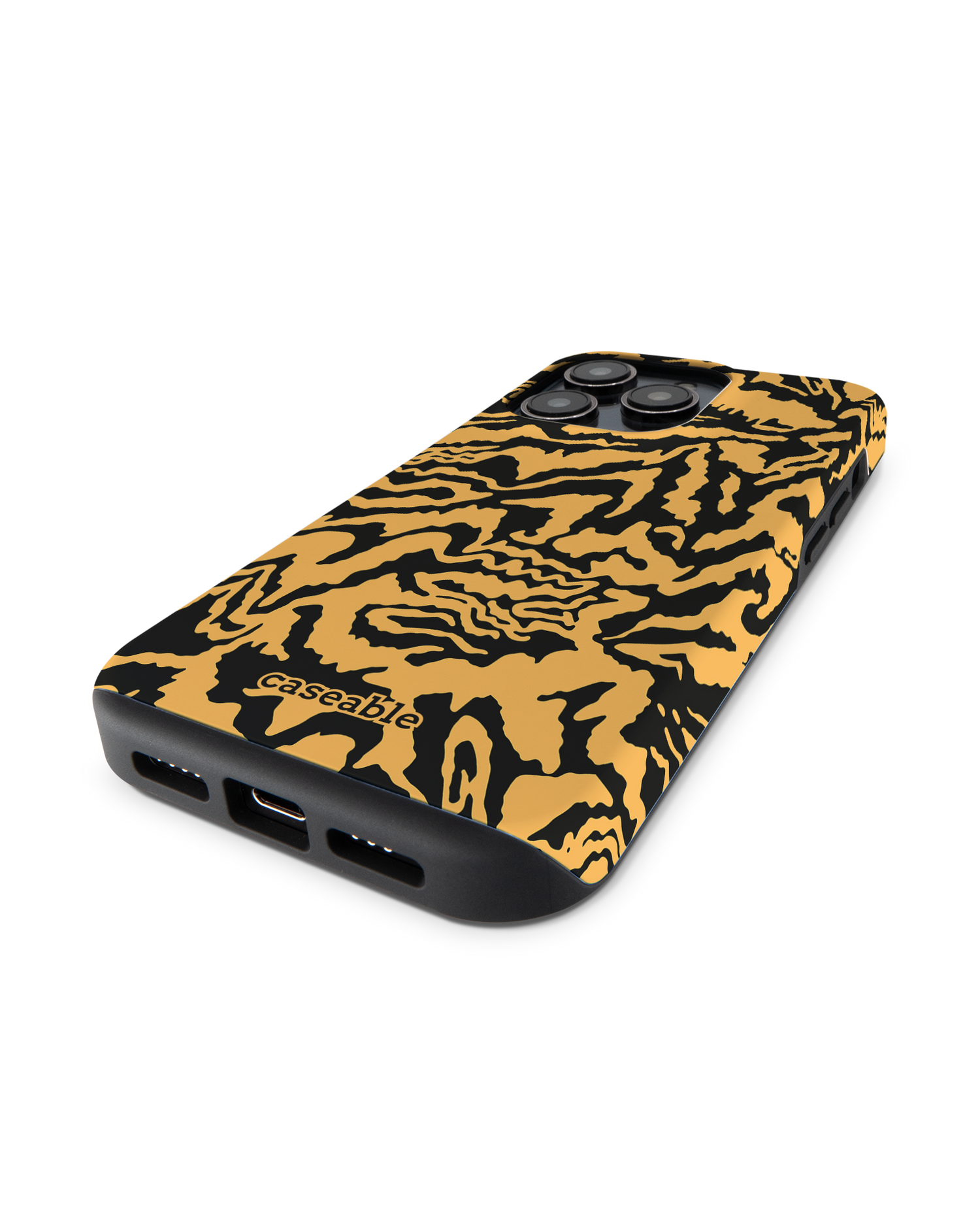 Warped Tiger Stripes Premium Handyhülle für Apple iPhone 14 Pro: Smartphone liegend