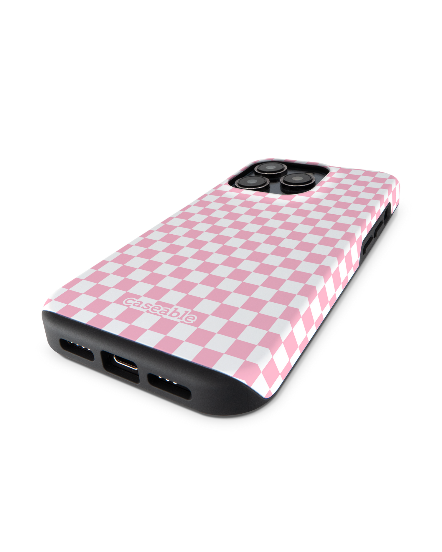 Pink Checkerboard Premium Handyhülle für Apple iPhone 14 Pro: Smartphone liegend