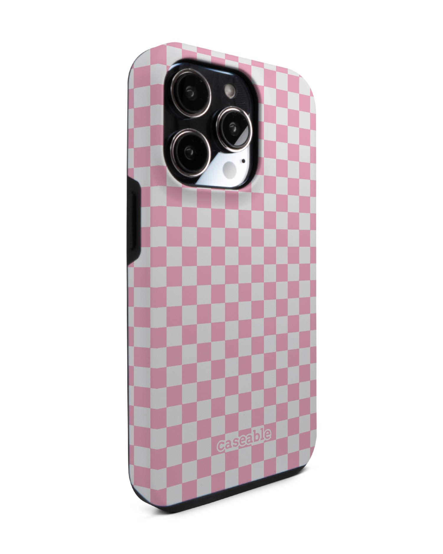 Pink Checkerboard Premium Handyhülle für Apple iPhone 14 Pro: Seitenansicht links