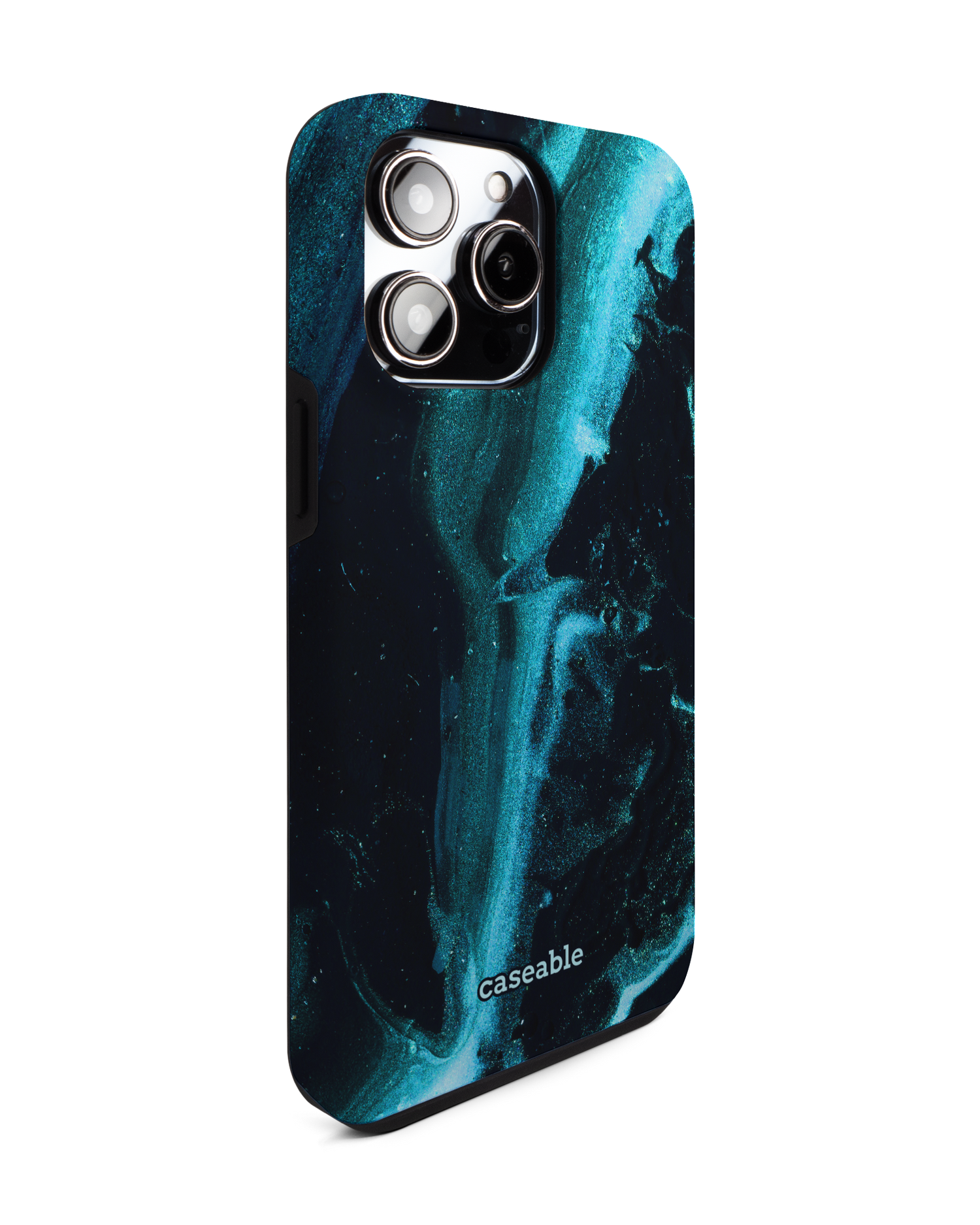 Deep Turquoise Sparkle Premium Handyhülle für Apple iPhone 14 Pro Max: Seitenansicht links