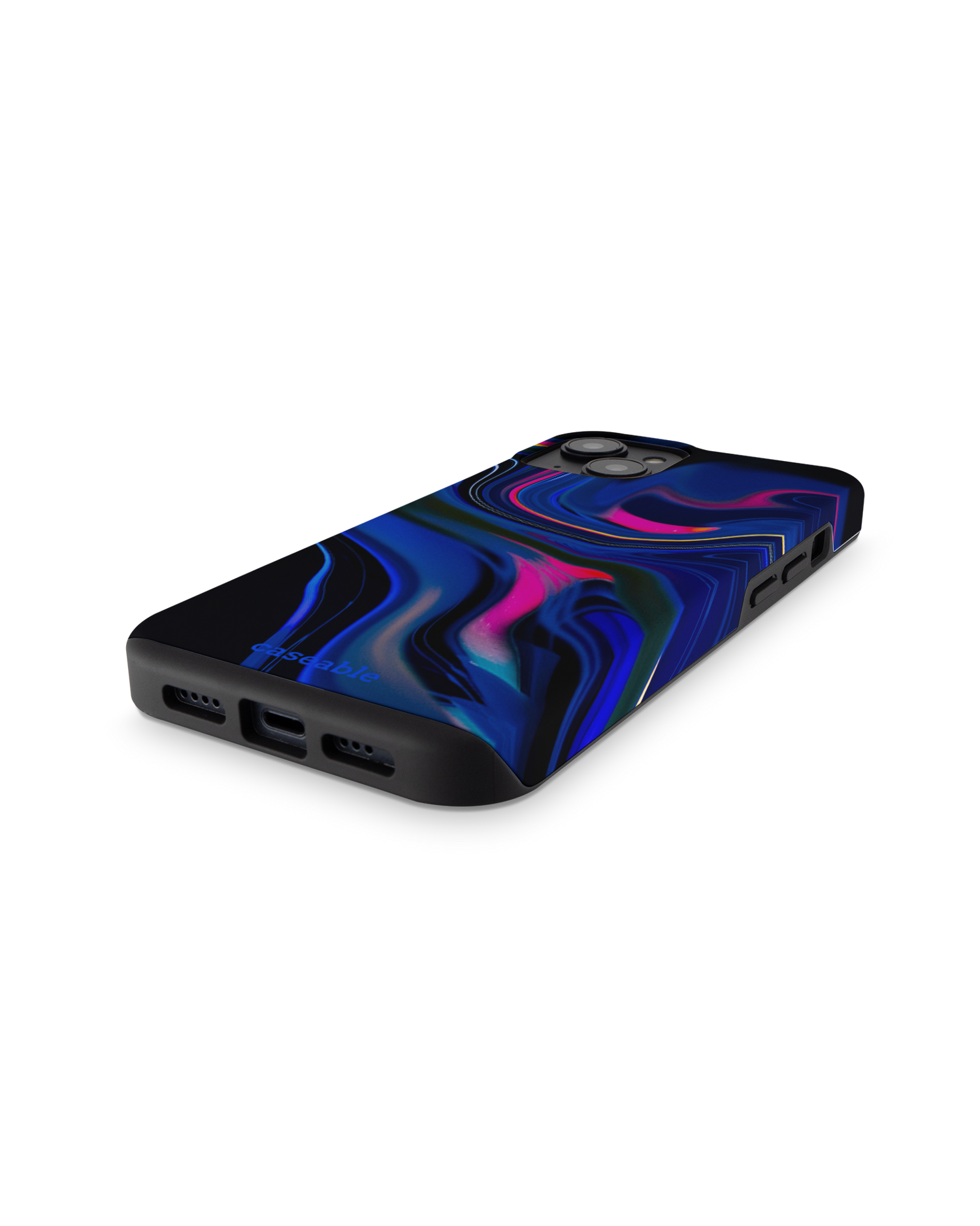 Space Swirl Premium Handyhülle für Apple iPhone 14: Smartphone liegend