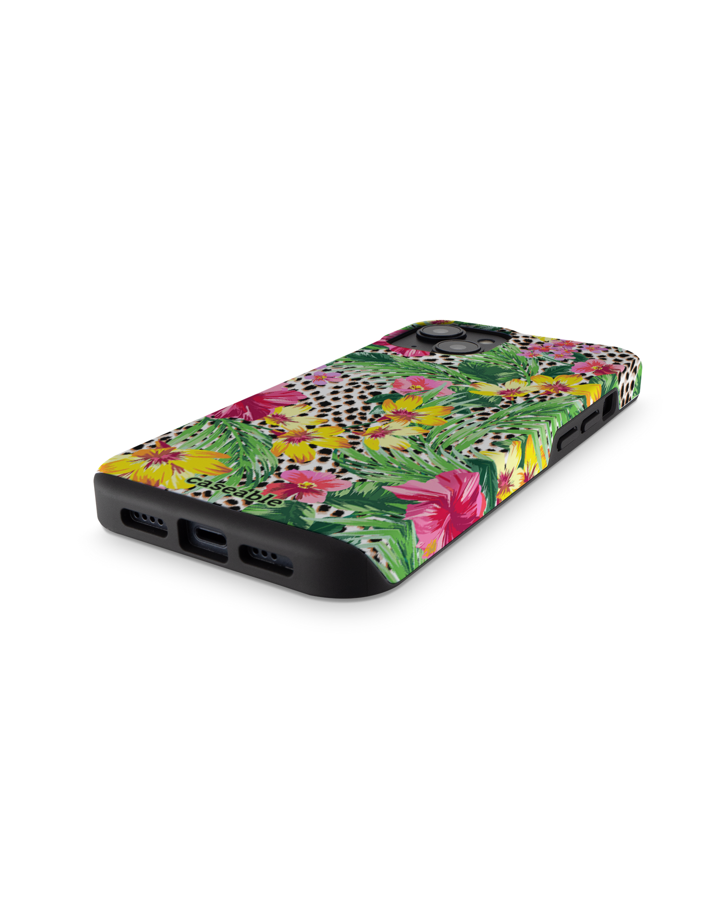 Tropical Cheetah Premium Handyhülle für Apple iPhone 14: Smartphone liegend