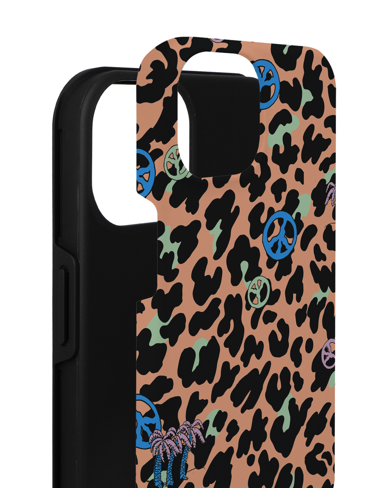 Leopard Peace Palms Premium Handyhülle für Apple iPhone 14 besteht aus 2 Teilen