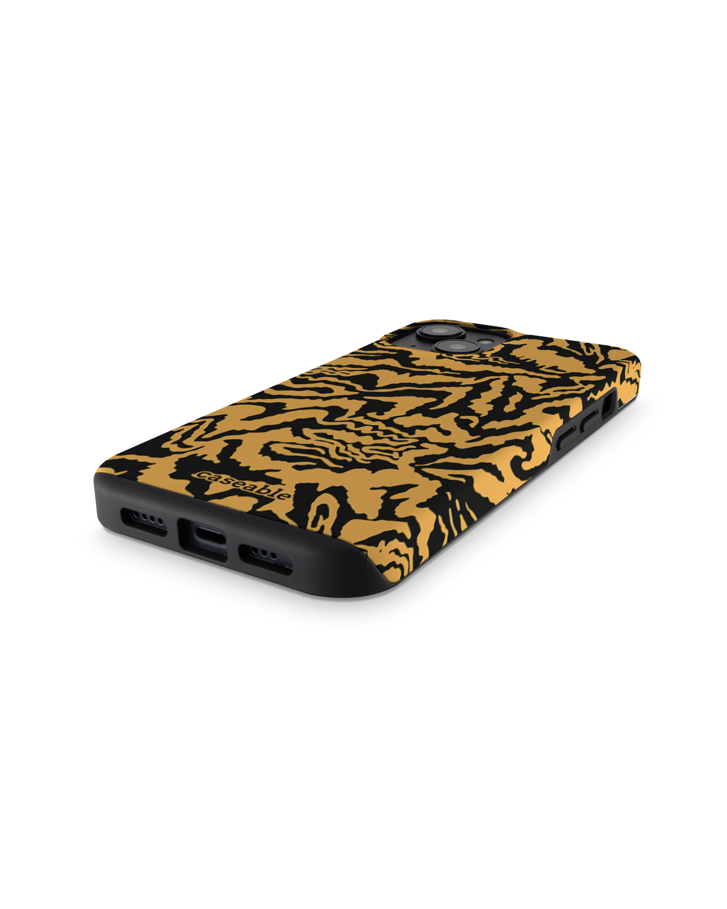 Warped Tiger Stripes Premium Handyhülle für Apple iPhone 14: Smartphone liegend