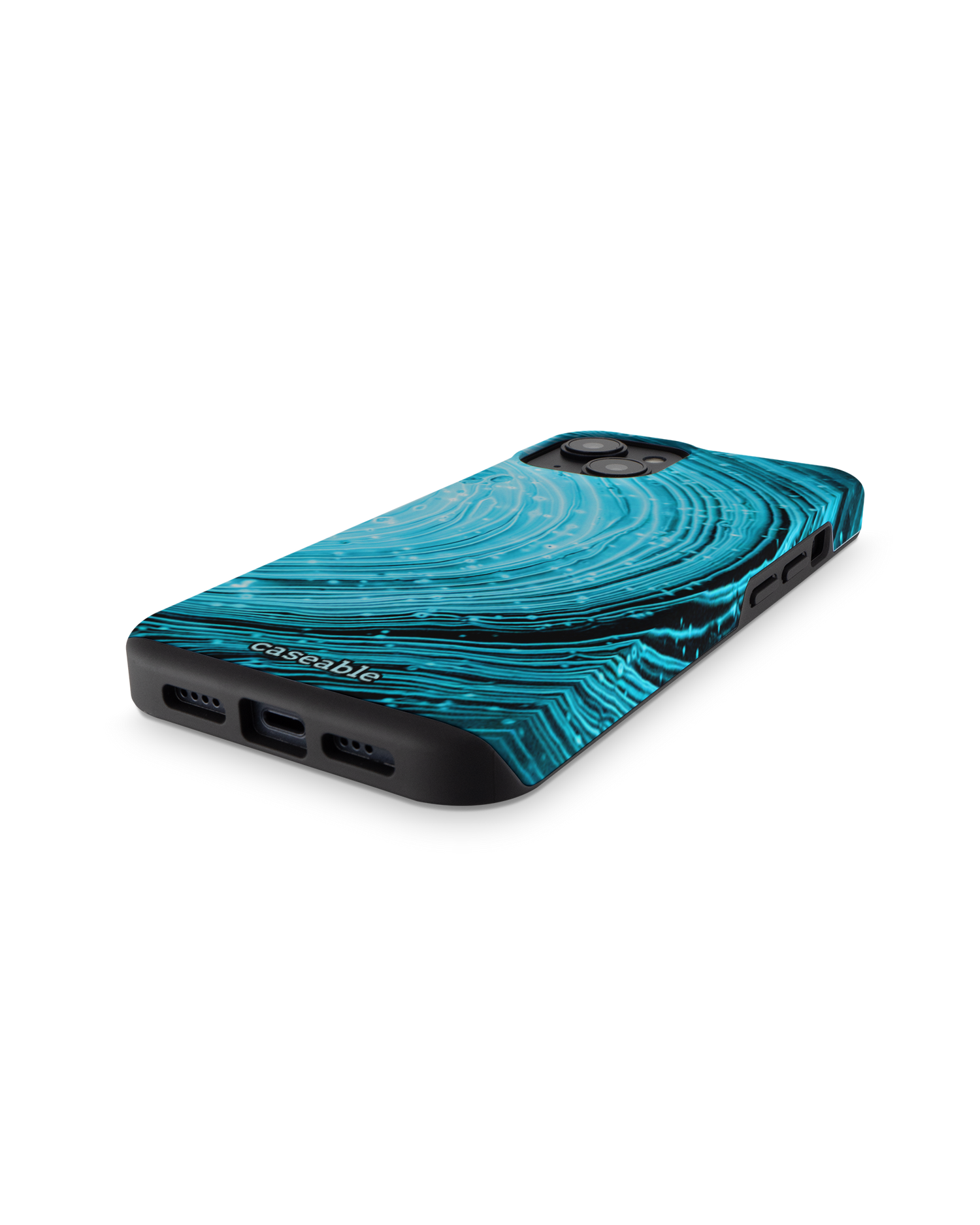 Turquoise Ripples Premium Handyhülle für Apple iPhone 14: Smartphone liegend